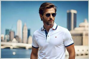 a man in sunglasses and a white polo shirt. AI-Generated photo