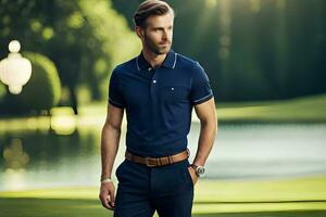 a man in a blue polo shirt and pants standing on a golf course. AI-Generated photo