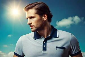 a man in a polo shirt standing in front of the sun. AI-Generated photo