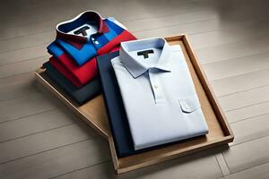 three shirts on a wooden tray with a red, white and blue shirt. AI-Generated photo
