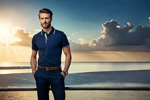 a man in a blue polo shirt standing on a railing overlooking the ocean. AI-Generated photo
