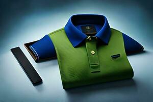 a green and blue polo shirt with a black case. AI-Generated photo