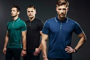 three men in different colors of polo shirts. AI-Generated photo