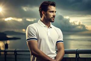 a man in a white polo shirt standing on a bridge. AI-Generated photo