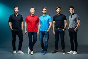 cinco hombres en diferente colores de polo camisas generado por ai foto