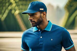 a man in a blue polo shirt and cap. AI-Generated photo