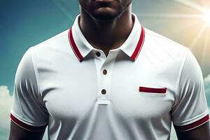 a man in a white polo shirt and red trim. AI-Generated photo