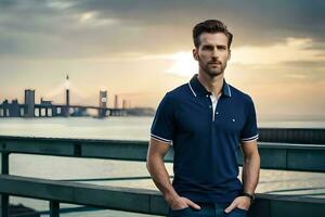 a man in a blue polo shirt standing on a bridge. AI-Generated photo