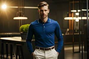 a man in a blue polo shirt and white pants. AI-Generated photo