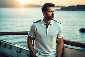 a man in a white polo shirt standing on a boat. AI-Generated photo