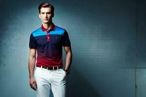 a man in a red, blue and white polo shirt. AI-Generated photo