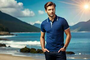 a man in a blue polo shirt standing on the beach. AI-Generated photo