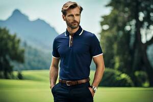 a man in a blue polo shirt standing on a golf course. AI-Generated photo