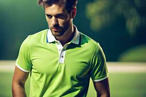 a man in a green polo shirt standing on a green field. AI-Generated photo