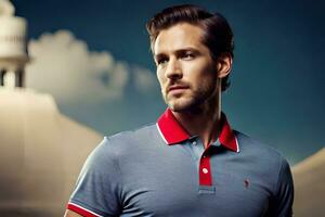 un hombre en un azul y rojo polo camisa. generado por ai foto