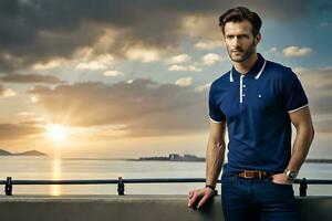 a man in a blue polo shirt standing on a railing overlooking the ocean. AI-Generated photo