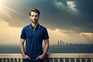 a man in a blue polo shirt standing on a balcony. AI-Generated photo