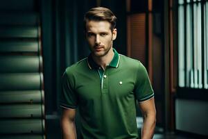 a man in a green polo shirt standing in a dark room. AI-Generated photo