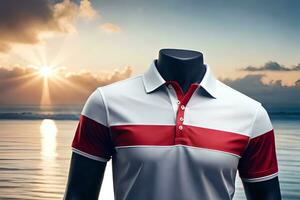 a mannequin wearing a red and white polo shirt. AI-Generated photo