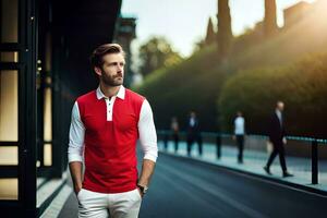 un hombre en un rojo camisa y blanco pantalones. generado por ai foto