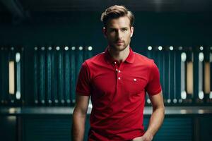 a man in a red polo shirt standing in a dark room. AI-Generated photo