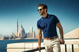 a man in blue polo shirt and sunglasses leaning against a railing. AI-Generated photo