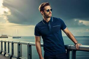 a man in sunglasses and a blue polo shirt leaning against a railing. AI-Generated photo