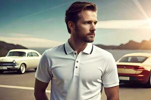 a man in a white polo shirt standing next to a car. AI-Generated photo