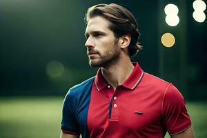 a man in a red and blue polo shirt. AI-Generated photo