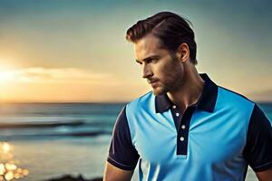 a man in a blue shirt and white polo shirt standing by the ocean. AI-Generated photo