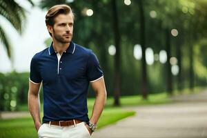 a man in a blue polo shirt and white pants. AI-Generated photo