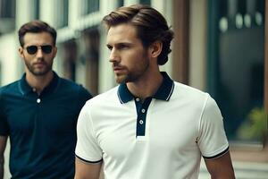 two men in white and blue polo shirts walking down the street. AI-Generated photo