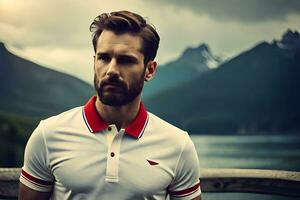 a man with a beard and a red and white polo shirt. AI-Generated photo