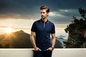 a man in a blue polo shirt standing on a ledge. AI-Generated photo