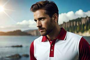 un hombre en un rojo y blanco polo camisa. generado por ai foto