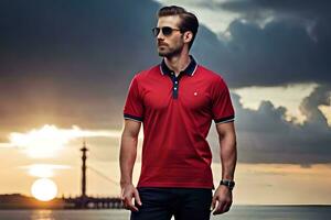 a man in a red polo shirt standing on the beach. AI-Generated photo