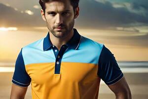 a man in an orange and blue polo shirt standing on the beach. AI-Generated photo