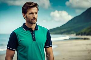 a man in a green polo shirt standing on the beach. AI-Generated photo
