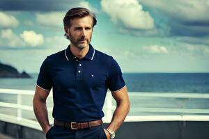 a man in a blue polo shirt and black pants standing on a pier. AI-Generated photo