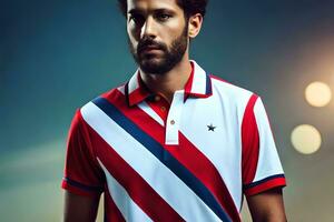 a man in a red, white and blue polo shirt. AI-Generated photo
