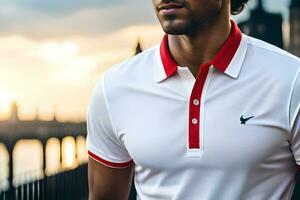 un hombre en un blanco y rojo polo camisa. generado por ai foto