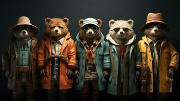 Group of funny bears in different clothes and hats on black background. photo