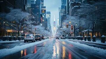 Traffic on a snowy road in Manhattan, New York City. photo