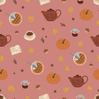 acogedor otoño estilo sin costura modelo. calabaza, té maceta, taza de té, libro, tarta, mermelada, hojas y bellotas otoño antecedentes. vector diseño