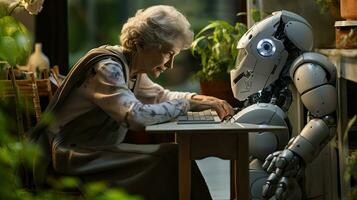 Side view of mature woman typing on keyboard while sitting at table with robot. Robotic caregiver. photo