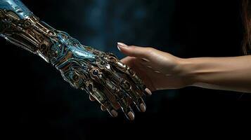Robot hand touching human hand on dark background. Artificial intelligence, science technology, electronics robotics. photo