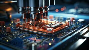 Printed circuit board with microchips close up. Automatic pick and place machine quickly installs components on generic. photo