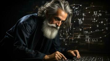 Portrait of an old man with long gray hair and a beard scientist calculates formulas. photo