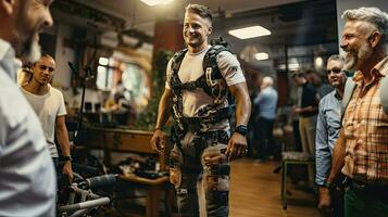 Man wearing advanced robotic exoskeleton with staff workers in office. photo