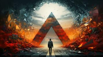 Illustration of man walking to triangle gate, surreal concept. photo